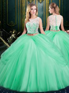 New Arrival Apple Green Two Pieces Scoop Sleeveless Satin and Tulle Floor Length Zipper Lace and Pick Ups Quinceanera Dr