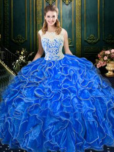 Royal Blue Ball Gowns Organza Scoop Sleeveless Lace and Ruffles Floor Length Zipper Quinceanera Dresses