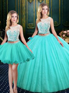 Three Piece Blue Ball Gowns Tulle and Sequined Scoop Sleeveless Lace and Sequins Floor Length Lace Up Quinceanera Gown