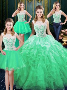 Gorgeous Four Piece Green Zipper Scoop Lace and Ruffles Ball Gown Prom Dress Organza Sleeveless