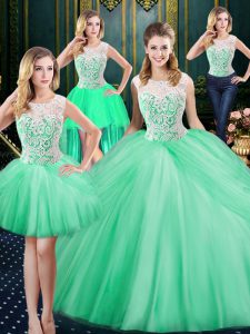 Cute Four Piece Scoop Apple Green Sleeveless Floor Length Lace and Pick Ups Zipper Quinceanera Gowns