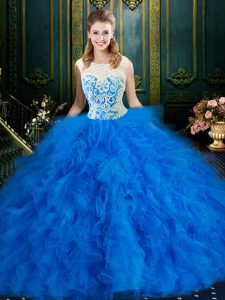 Best Selling Scoop Sleeveless Floor Length Lace and Ruffles Zipper Quinceanera Dress with Blue