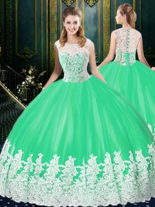 Scoop Sleeveless Tulle Floor Length Zipper Sweet 16 Quinceanera Dress in Apple Green with Lace and Appliques