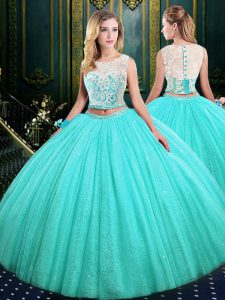 Noble Sequins Floor Length Blue Quinceanera Gown Scoop Sleeveless Lace Up