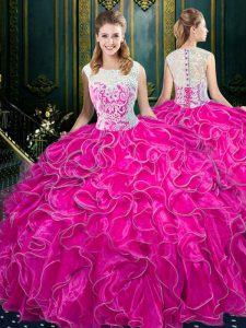 Stunning Scoop Fuchsia Sleeveless Lace and Ruffles Floor Length 15th Birthday Dress