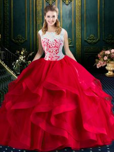 Custom Fit Square Sleeveless Sweet 16 Quinceanera Dress With Brush Train Lace and Ruffles Red Tulle