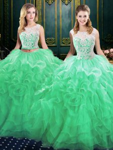 Scoop Sleeveless Organza Court Train Lace Up Quince Ball Gowns in Green with Lace and Ruffles