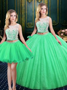 Spectacular Three Piece Scoop Sleeveless Lace Up Floor Length Lace and Sequins Quince Ball Gowns