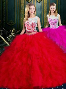 Trendy Scoop Red Sleeveless Tulle Zipper 15 Quinceanera Dress for Military Ball and Sweet 16 and Quinceanera