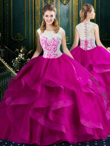 Sexy Square Clasp Handle Fuchsia Sleeveless Brush Train Lace With Train 15 Quinceanera Dress