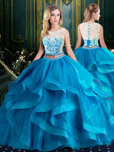 Brush Train Two Pieces Quinceanera Dress Baby Blue Scoop Tulle Sleeveless With Train Zipper