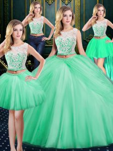 Sophisticated Four Piece Apple Green Scoop Zipper Lace and Pick Ups Sweet 16 Dresses Sleeveless