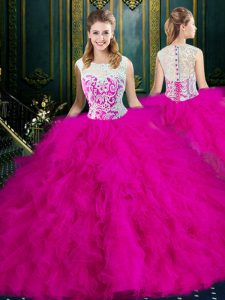 Delicate Scoop Floor Length Fuchsia Sweet 16 Dresses Tulle Sleeveless Lace and Ruffles