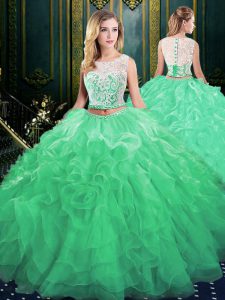 Organza Scoop Sleeveless Court Train Zipper Lace and Appliques and Ruffles Quinceanera Gowns in Green