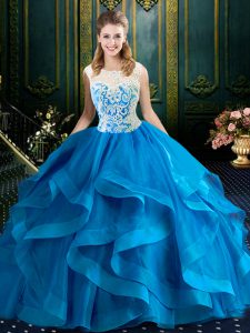 Custom Made Scoop Lace Quinceanera Gown Blue Zipper Sleeveless With Brush Train