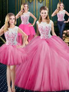 Four Piece Scoop Sleeveless Tulle Quince Ball Gowns Lace and Appliques and Pick Ups Zipper