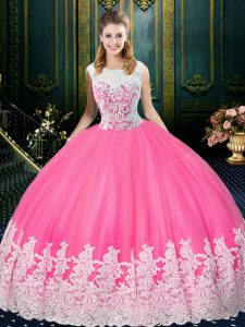 Scoop Sleeveless Tulle Floor Length Zipper Sweet 16 Dresses in Rose Pink with Lace and Appliques