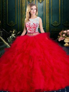 Inexpensive Scoop Red Two Pieces Lace and Ruffles Quinceanera Dress Zipper Tulle Sleeveless Floor Length
