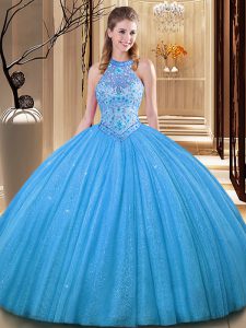 Fitting Ball Gowns 15th Birthday Dress Baby Blue High-neck Tulle Sleeveless Floor Length Backless