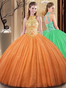 Tulle High-neck Sleeveless Backless Embroidery and Hand Made Flower Ball Gown Prom Dress in Orange