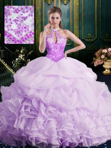 Enchanting Pick Ups Lavender Quince Ball Gowns Halter Top Sleeveless Brush Train Lace Up