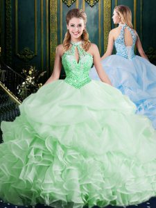 Graceful Lace Up Halter Top Beading and Lace and Appliques and Ruffles and Pick Ups Sweet 16 Dresses Organza Sleeveless 