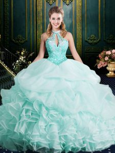 Customized Apple Green Organza Clasp Handle Halter Top Sleeveless Ball Gown Prom Dress Brush Train Beading and Lace and 