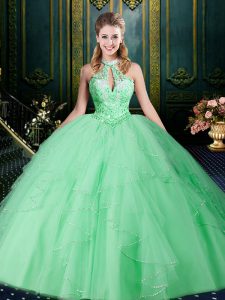 Exceptional Halter Top Apple Green Sleeveless Floor Length Beading and Lace and Ruffles and Ruching Lace Up Sweet 16 Qui