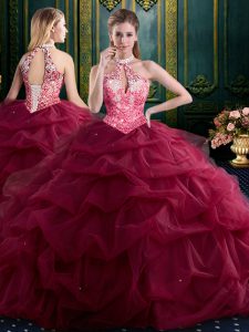 Stunning Halter Top Wine Red Lace Up Sweet 16 Quinceanera Dress Beading and Ruffles and Pick Ups Sleeveless Floor Length