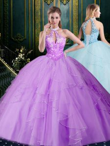 Halter Top Sleeveless Lace Up Floor Length Beading and Lace and Ruffles Vestidos de Quinceanera