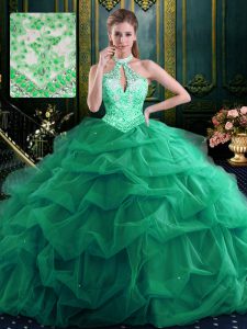 Inexpensive Halter Top Floor Length Dark Green Sweet 16 Dresses Organza and Tulle Sleeveless Beading and Ruffles and Pic