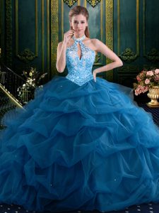 Best Halter Top Sleeveless Tulle Floor Length Lace Up Quinceanera Dress in Navy Blue with Beading and Pick Ups