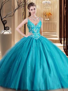 Romantic Floor Length Ball Gowns Sleeveless Teal Quinceanera Dress Lace Up