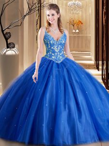 Fine Beading and Appliques 15th Birthday Dress Blue Lace Up Sleeveless Floor Length
