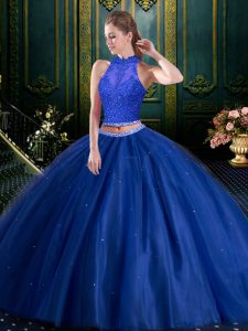 Hot Sale Navy Blue Tulle Lace Up High-neck Sleeveless Floor Length Vestidos de Quinceanera Beading and Lace