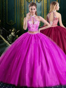 Designer Halter Top Beading and Lace and Appliques Sweet 16 Dresses Fuchsia Lace Up Sleeveless Floor Length