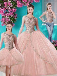 Three Piece Scoop Floor Length Lace Up Sweet 16 Quinceanera Dress Peach for Military Ball and Sweet 16 and Quinceanera w