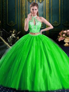 Halter Top Lace Up Quinceanera Gowns Beading and Lace and Appliques Sleeveless Floor Length