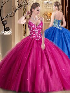 Great Hot Pink Ball Gowns Beading and Appliques 15 Quinceanera Dress Lace Up Tulle Sleeveless Floor Length
