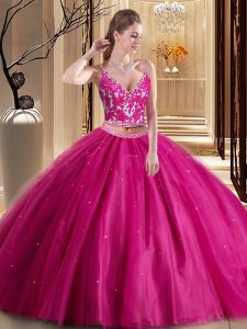 Discount Ball Gowns Quinceanera Gown Hot Pink Spaghetti Straps Tulle Sleeveless Floor Length Lace Up