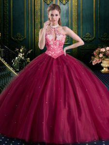 Traditional Halter Top Sleeveless Floor Length Beading and Lace and Appliques Lace Up 15th Birthday Dress with Burgundy