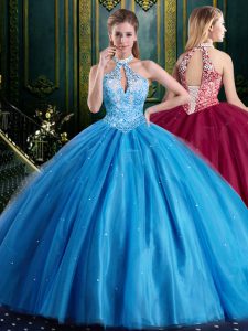 Free and Easy Halter Top Sleeveless Floor Length Beading and Lace and Appliques Lace Up Ball Gown Prom Dress with Baby B