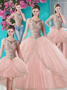 Four Piece Peach Scoop Neckline Beading and Appliques Quince Ball Gowns Sleeveless Lace Up