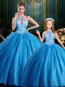 Halter Top Baby Blue Sleeveless Beading and Appliques Floor Length Sweet 16 Dress