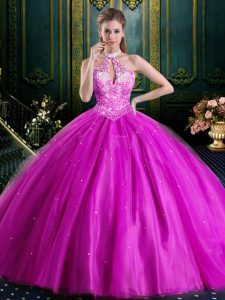 Smart Halter Top Floor Length Lace Up Sweet 16 Dress Fuchsia for Military Ball and Sweet 16 and Quinceanera with Beading