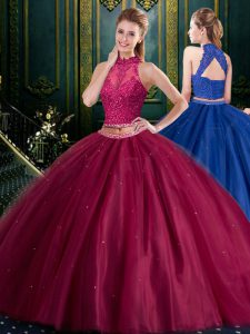 Halter Top Burgundy Sleeveless Tulle Lace Up Quinceanera Gown for Military Ball and Sweet 16 and Quinceanera