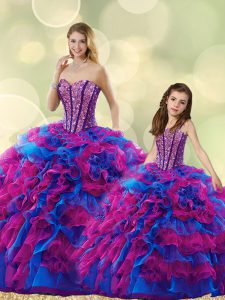 Multi-color Lace Up Sweet 16 Dress Beading and Ruffles Sleeveless Floor Length