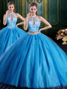 Baby Blue Sleeveless Floor Length Beading and Appliques Lace Up 15th Birthday Dress