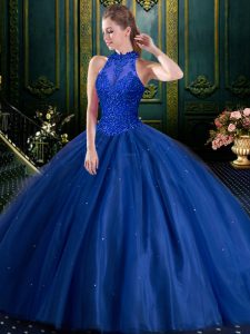 Pretty Beading and Appliques Quinceanera Gown Navy Blue Lace Up Sleeveless Floor Length