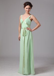 Stylish Apple Green V-neck Chiffon Prom Bridesmaid Dress with Sash for Less